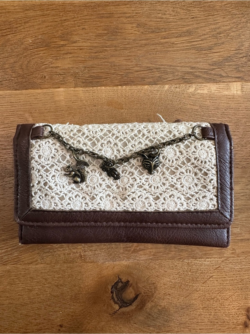 Claire's Brown and Cream Crochet Charm Wallet